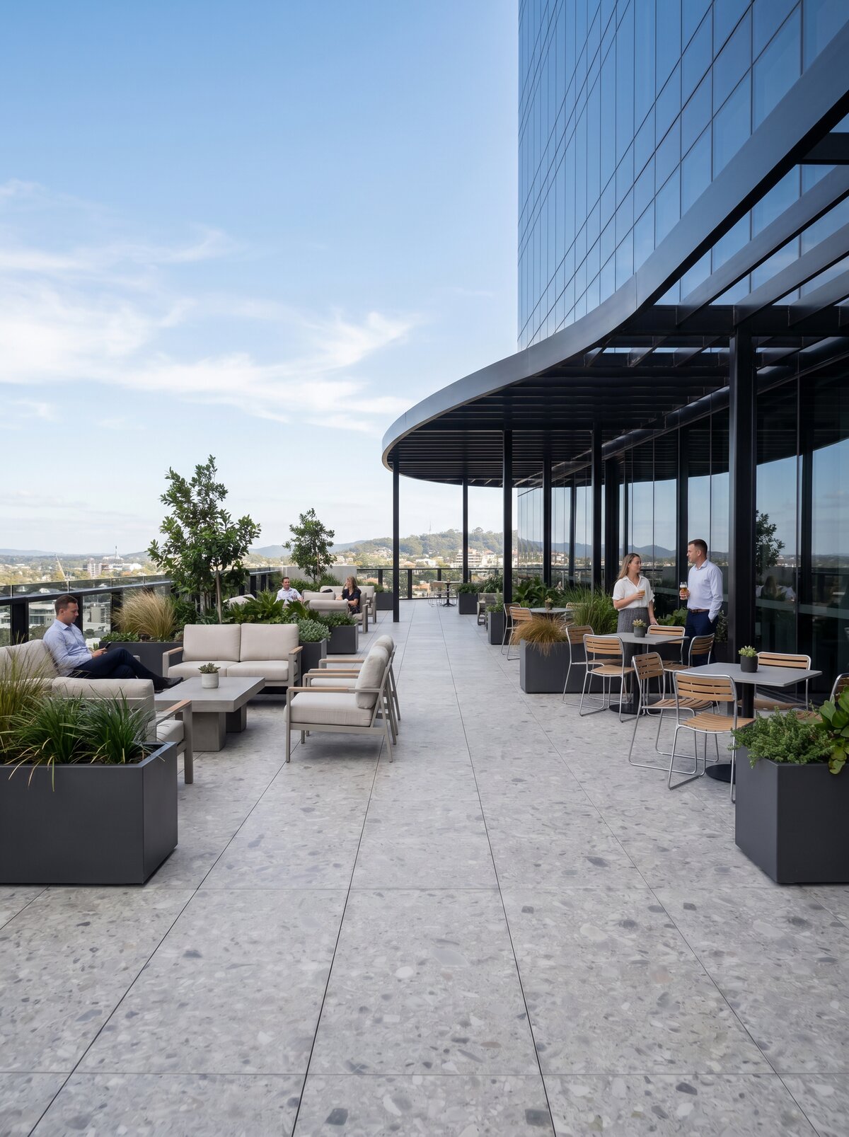 Modern raised deck terrace on a roof with light porcelain pavers