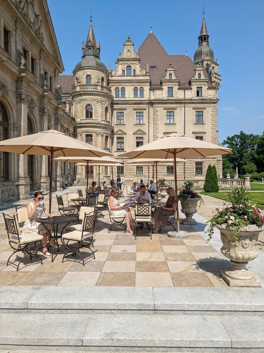 Modern cafe terrace at Moszna Castle with light tiles