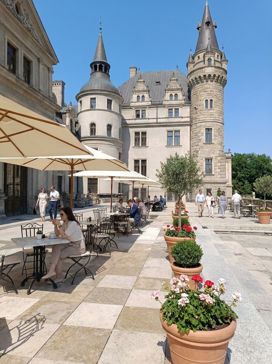 Outdoor restaurant on the terrace of Moszna Castle, café tables