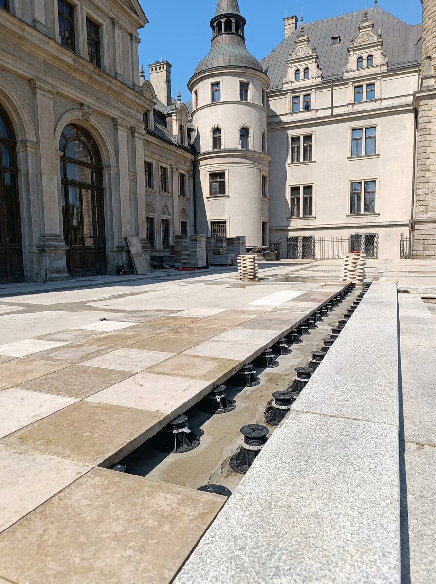 Elevated terrace technology at Moszna Castle, black grid
