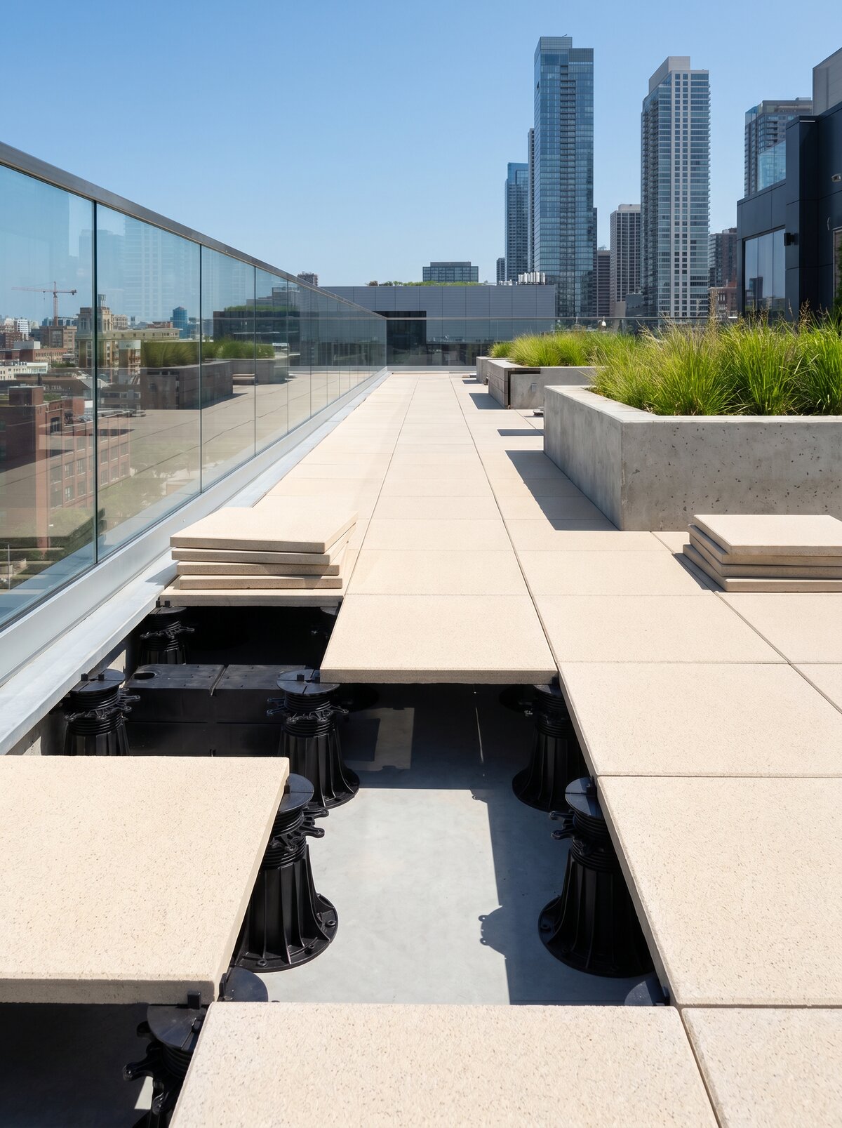 Montage of heavy concrete pavers on black adjustable pedestals