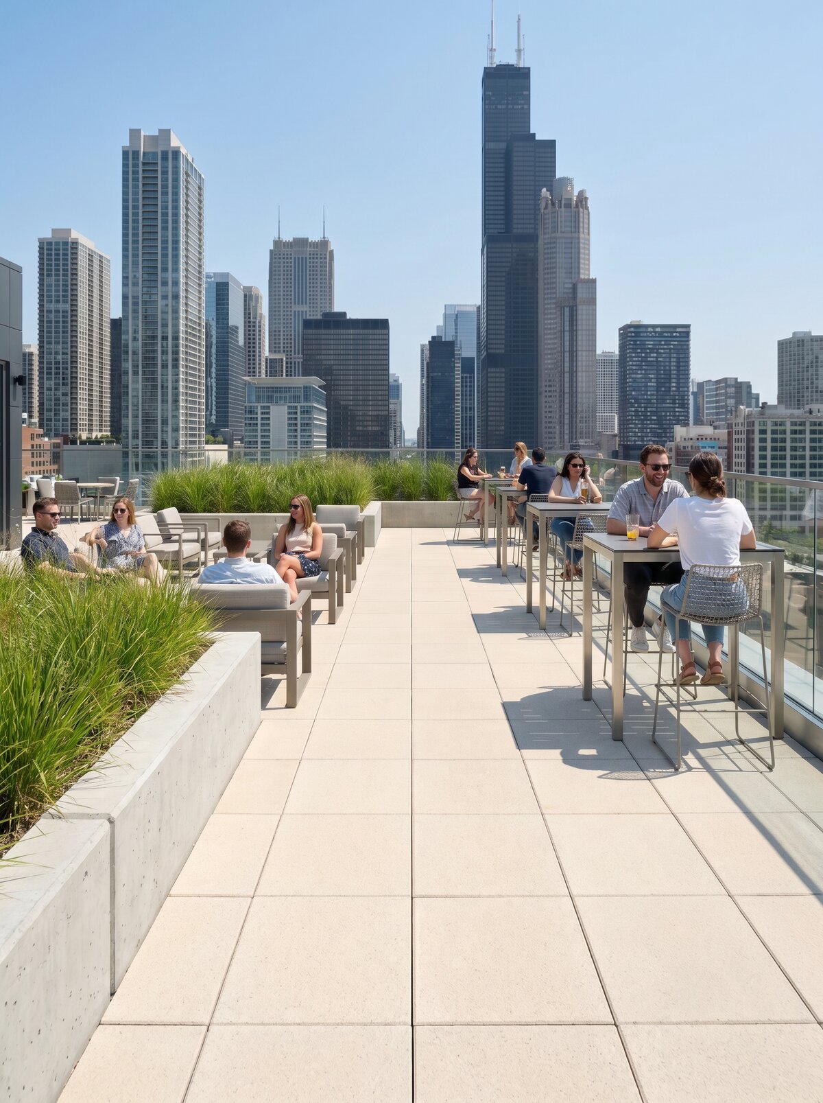 Modern rooftop terrace of an office building in Chicago with a surface