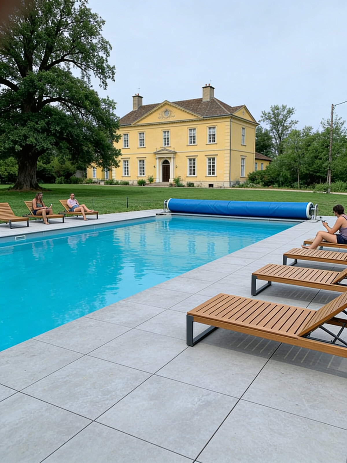 Finished pool plaza made of gray porcelain tiles with wooden