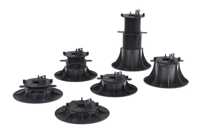 Series of clever level adjustable pedestals for terraces with pavers and joists