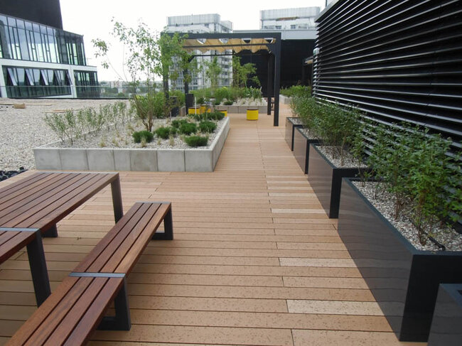 Roof terrace with joists and composite decking boards and greenery