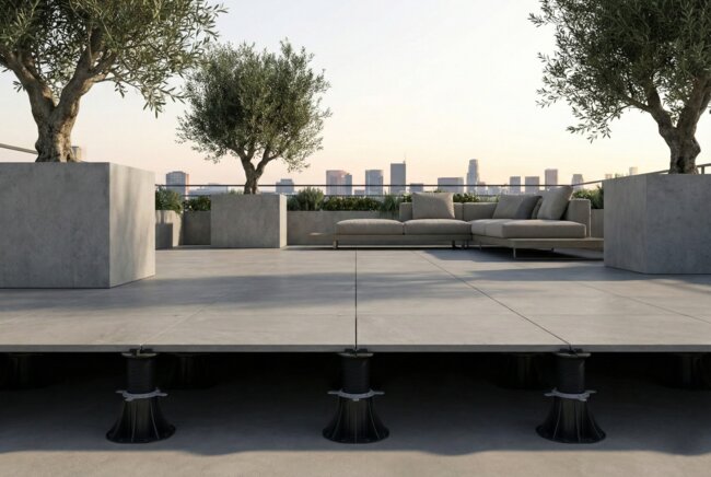 Visualization of the substructure of a raised deck terrace with 2 cm porcelain tiles on a raised deck terrace