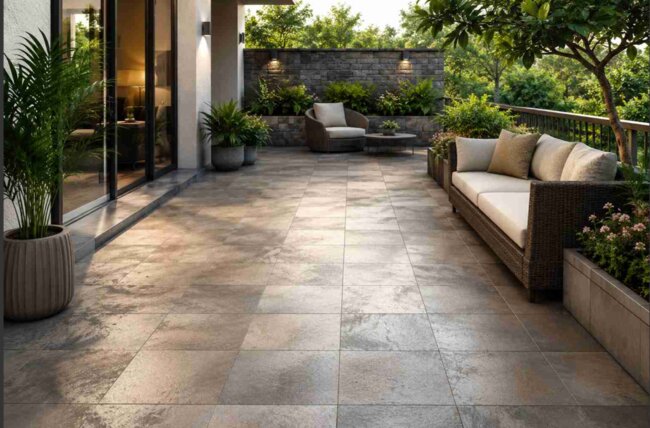 Modern terrace with gres tiles and rattan garden furniture