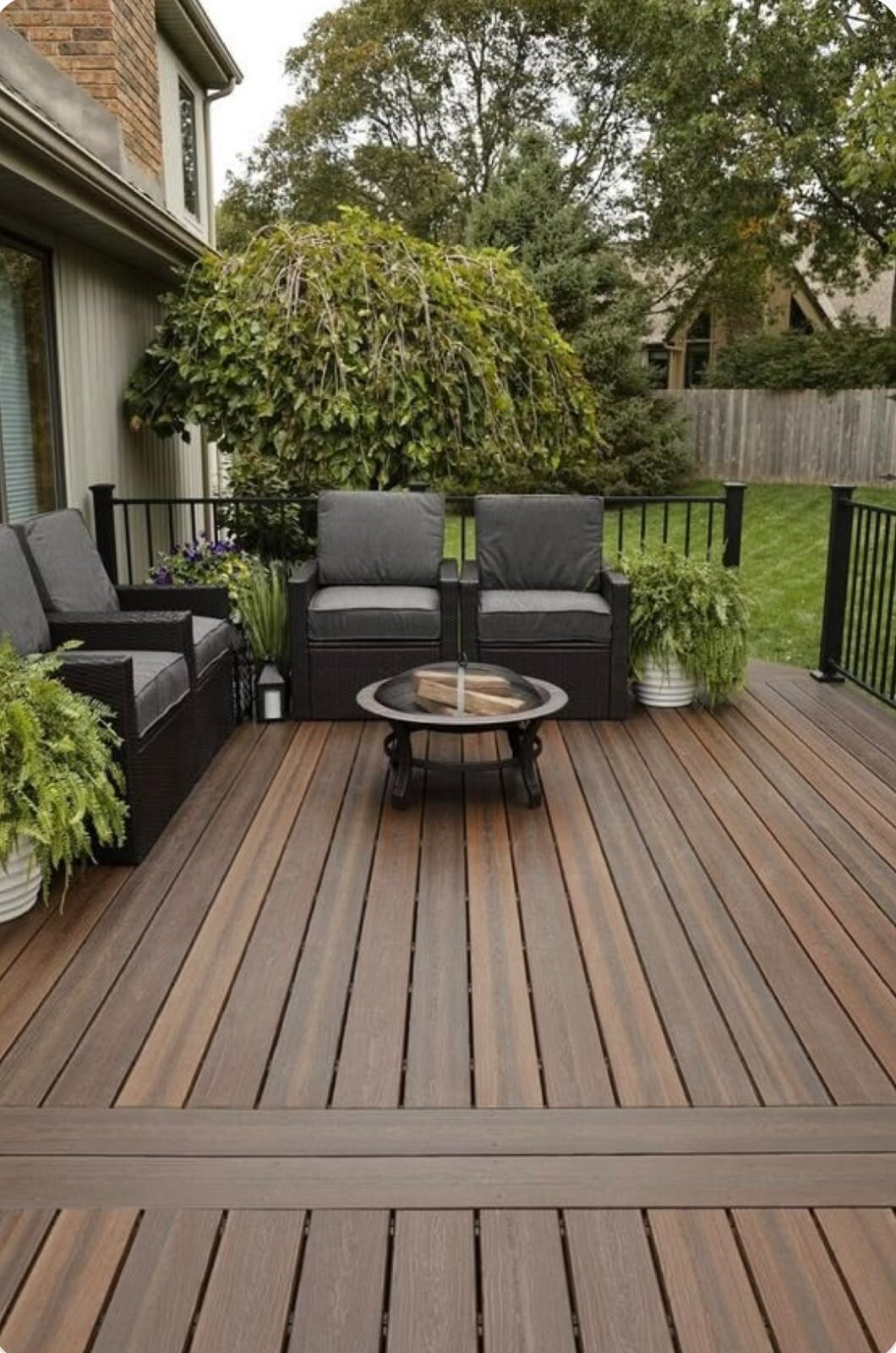 Large natural wood terrace at a modern residential building.
