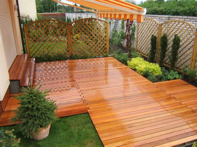 Exotic wood terrace stairs with lighting