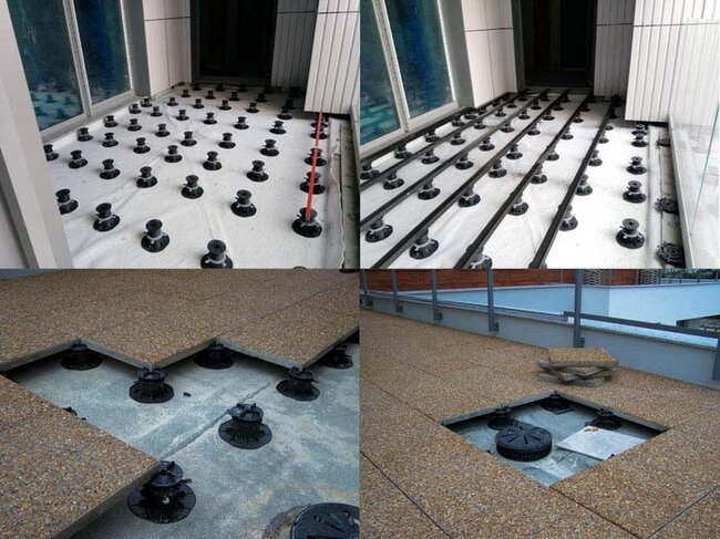 Construction of a raised deck terrace on pedestals installation of pavers and joists