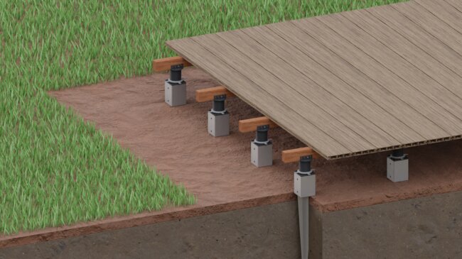 Scheme of wooden terrace construction on ground substrate