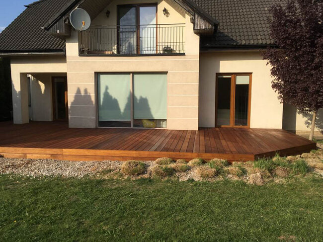 Exotic wood terrace at a single-family house