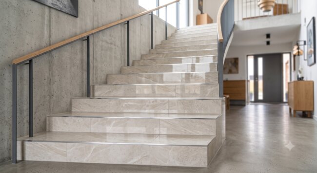 Modern beige stoneware stairs in an industrial interior.