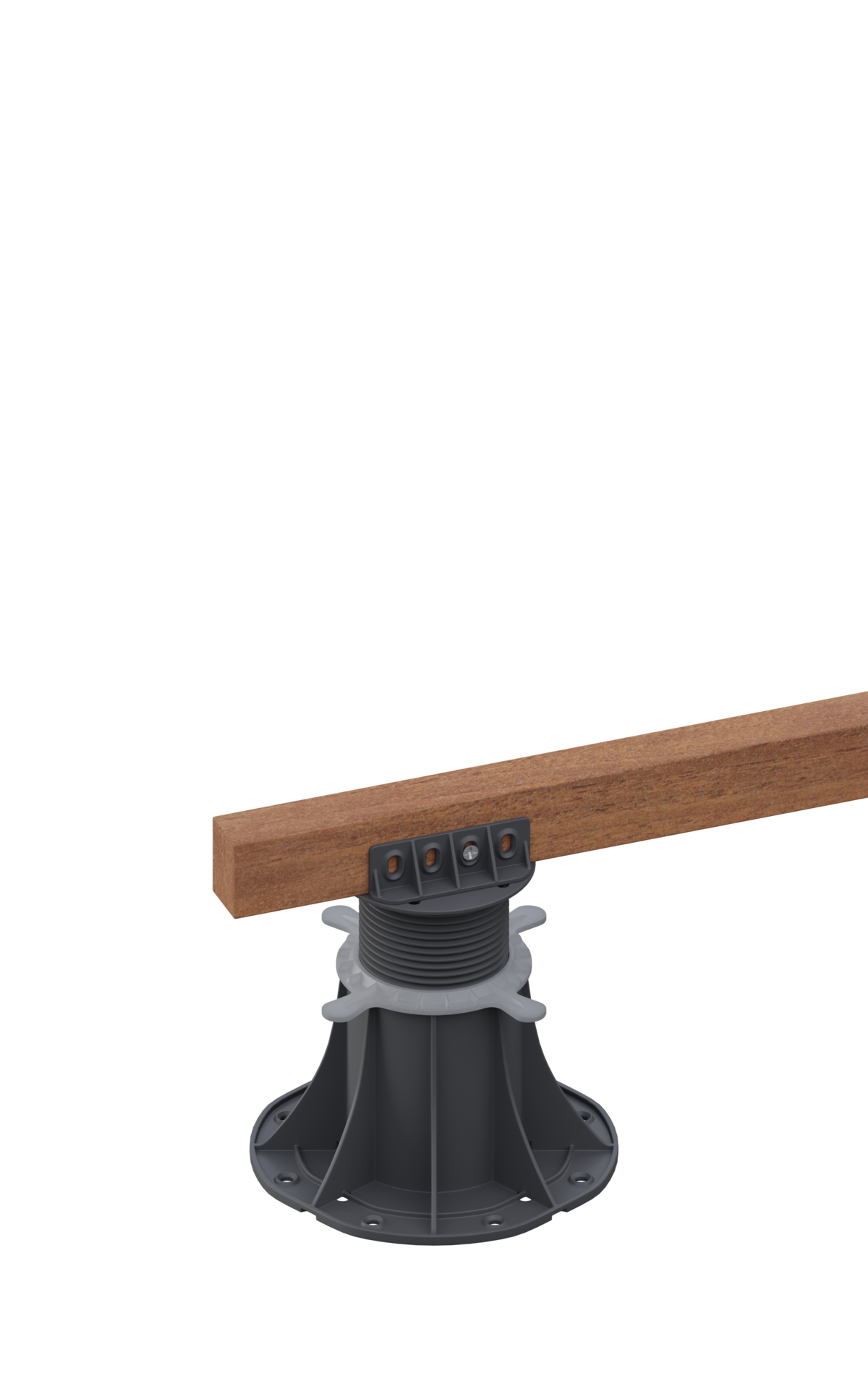 Adjustable terrace pedestal Standard mounted under a wooden joist