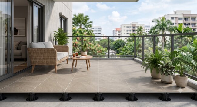 Balcony with ceramic tiles mounted on low adjustable pedestals