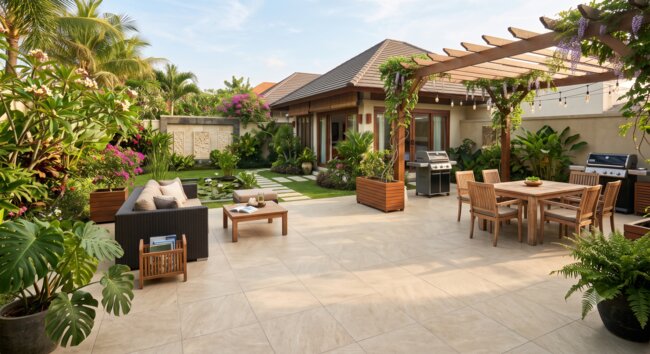 Large garden terrace with light ceramic pavers and lounge furniture