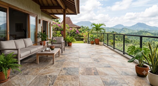 Terrace with gres tiles imitating natural stone and a view of the mountains