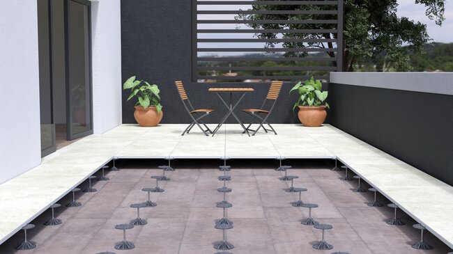Visualization of installation of terrace pavers on adjustable aluminum pedestals NRO