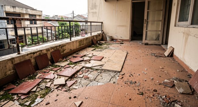 Damaged and cracked pavers on a balcony requiring renovation