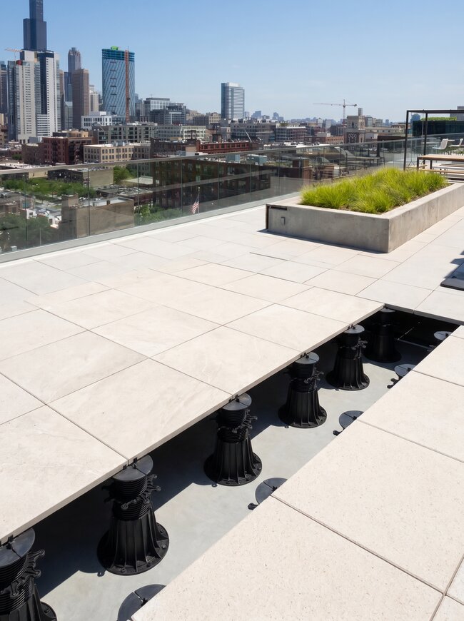 Raised deck terrace with ceramic pavers on adjustable pedestals on the roof