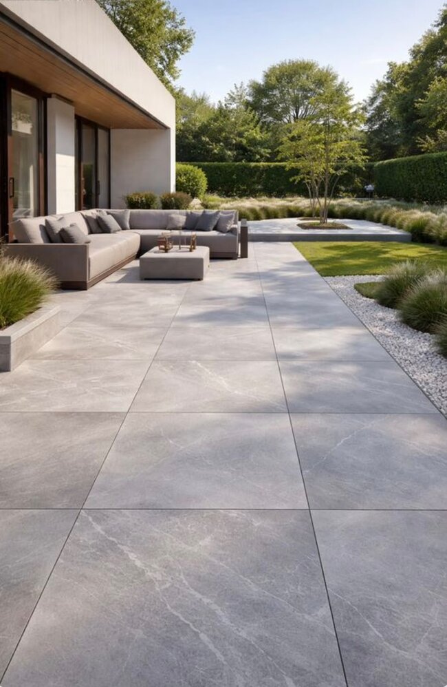 Modern terrace with grey porcelain tiles and garden furniture