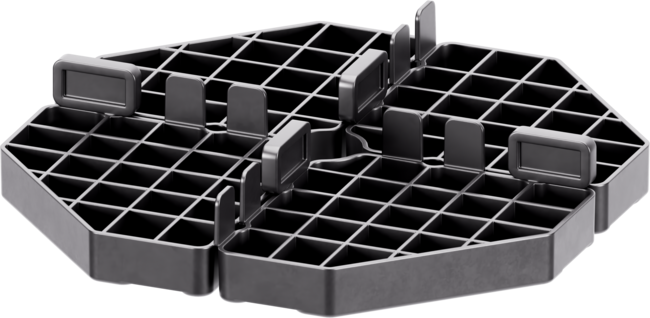 Black plastic fixed modular pedestal with joint butterflies for terrace pavers