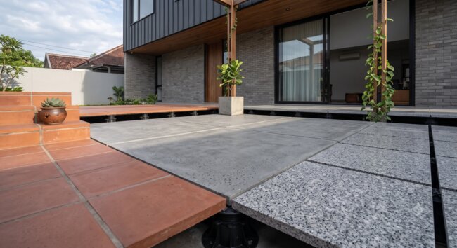 Elevated terrace on pedestals with different types of terrace pavers