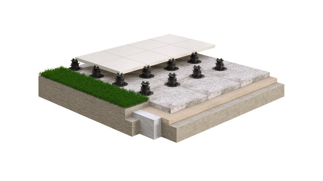 Cross-section of a raised deck terrace on adjustable pedestals and paving slabs