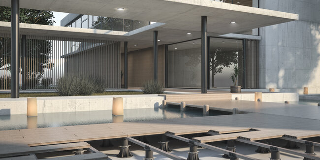 Elevated terrace construction with boards and pedestals