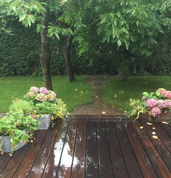 Wet wooden terrace with flower pots and a view of the garden
