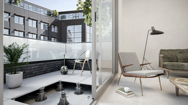 Modern balcony with a floor on adjustable pedestals connected to the living room
