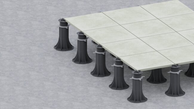 Visualization of the installation of terrace pavers on high adjustable pedestals