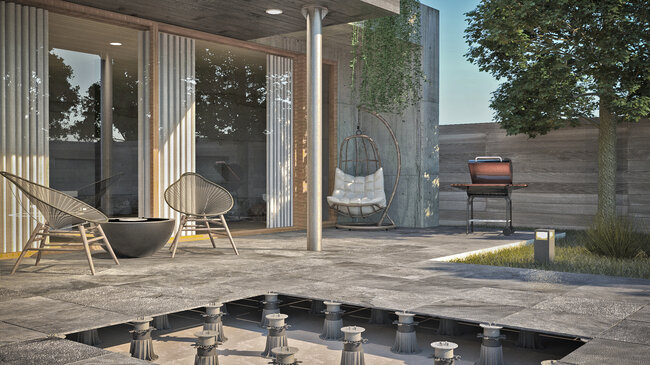 Visualization of a modern raised deck terrace on adjustable pedestals with garden furniture