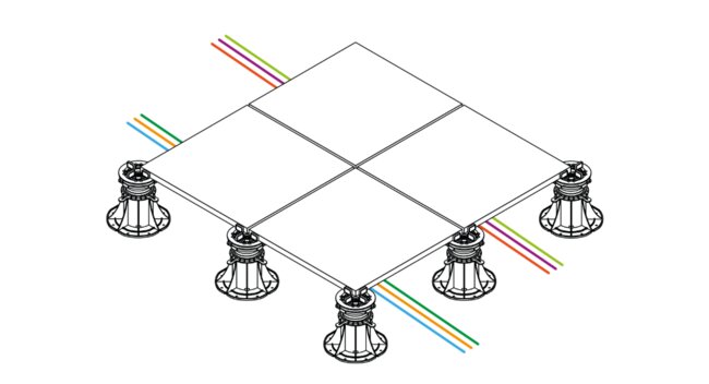 Diagram of raised floor installation on adjustable pedestals