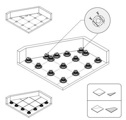 graphic showing how to cut the pavers and how to position them on the pedestals for irregularly shaped terraces