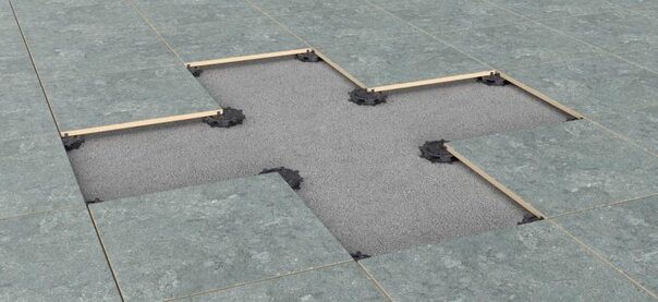Visualization of a raised deck terrace on adjustable pedestals using pavers.