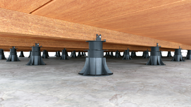 Visualization of a raised deck terrace with boards on adjustable pedestals from below