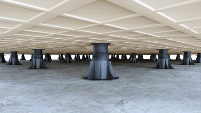 Visualization of a raised deck terrace with pavers on adjustable pedestals from below.