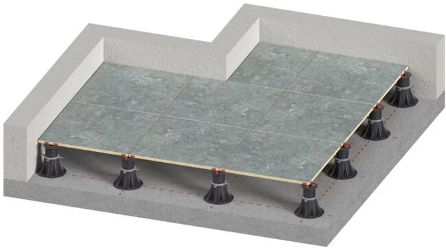 Visualization of a raised deck terrace on adjustable pedestals using pavers.