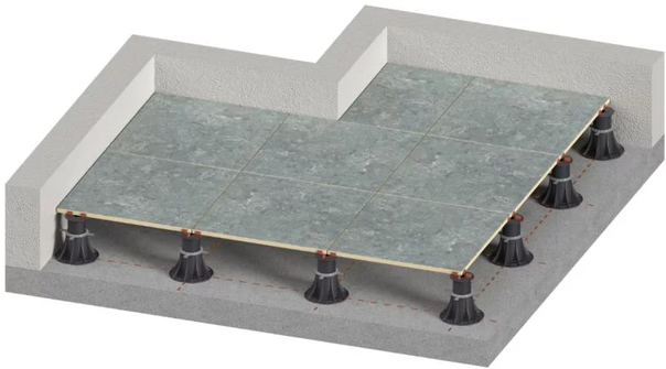 Visualization of a raised deck terrace on adjustable pedestals using pavers.