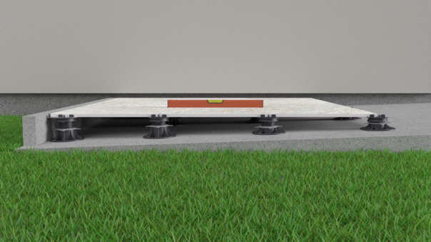 Visualization showing a cross-section of a raised deck terrace that shows how the pedestals level out the slopes that are on the substrate beneath the terrace.