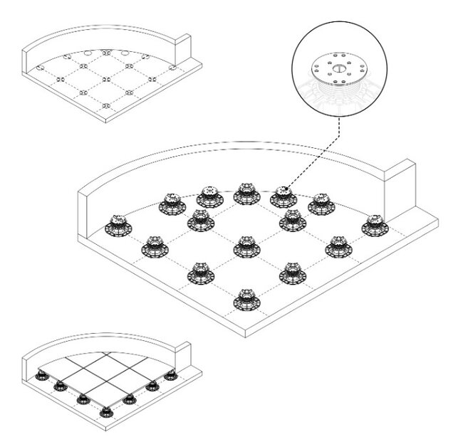 Installation method for a raised deck terrace at a terrace curve, pedestal layout