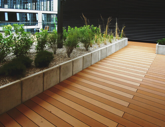 Terrace planters on the usable roof of a skyscraper in Warsaw