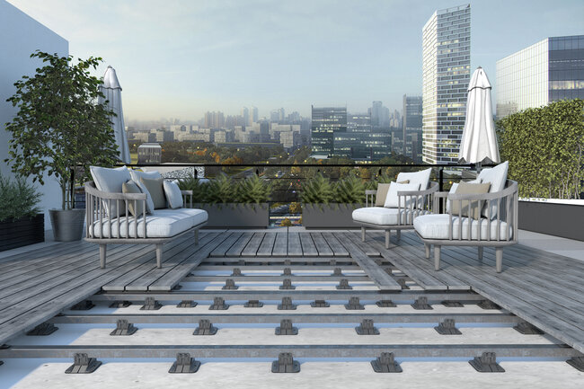 Terrace pedestals raptor from solver on a flat roof visualization with a panorama