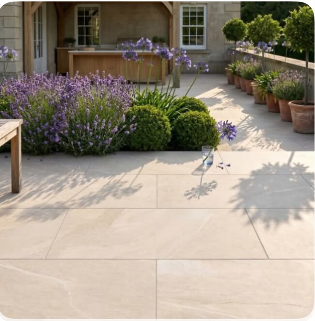 Terrace with light large-format pavers with lavender and vegetation.