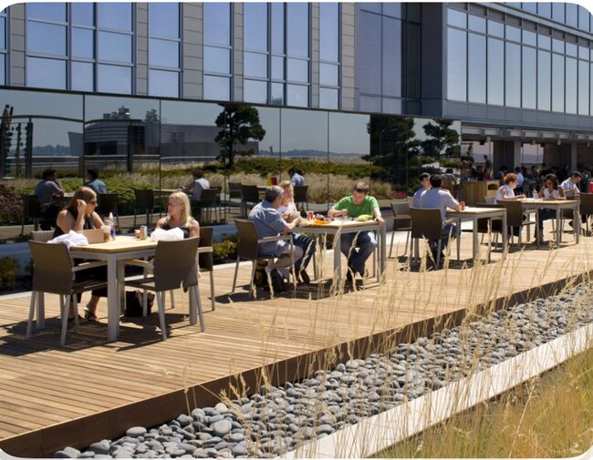 Outdoor café on a wooden terrace next to an office building.