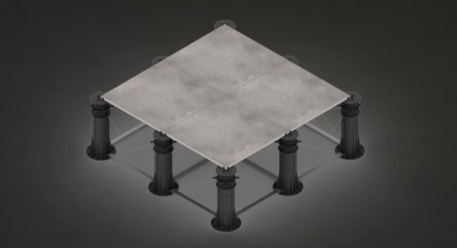 Raised floor on adjustable pedestals for terrace pavers.