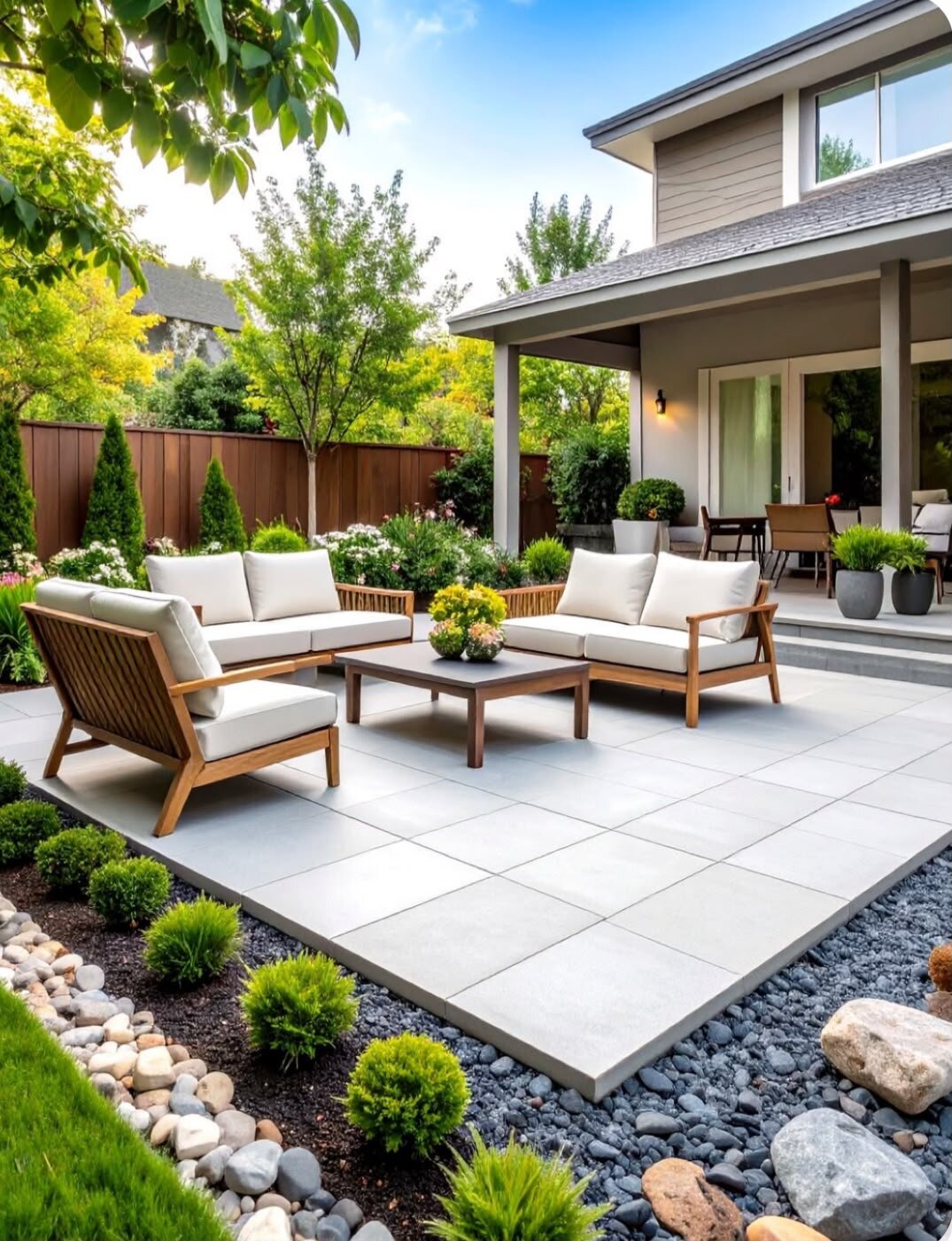 Modern terrace with concrete pavers and garden furniture.