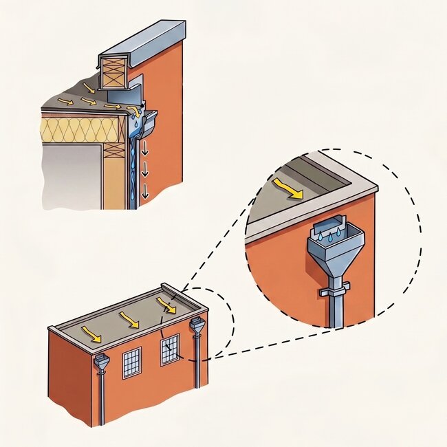Flat roof drainage diagram with overflow and downspout.