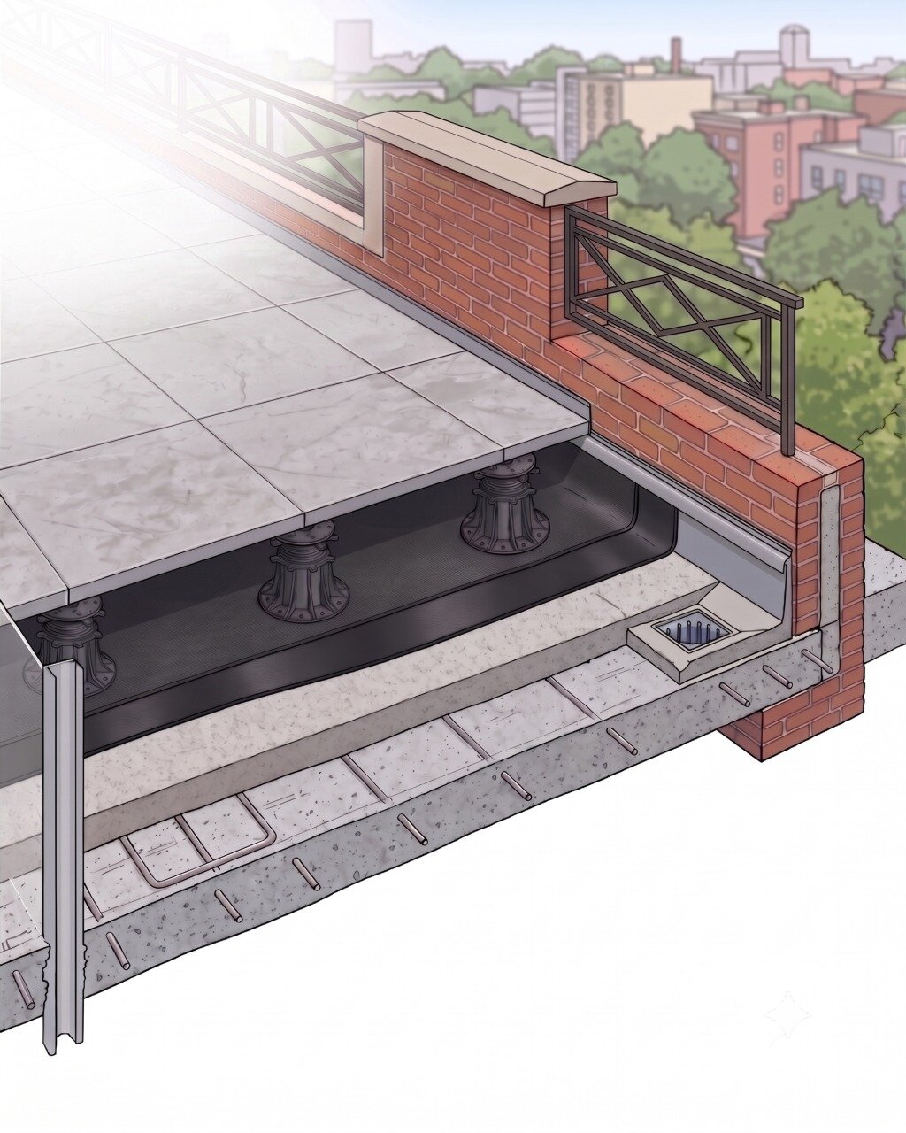Cross-section diagram of the layers of a raised deck terrace on a roof with waterproofing.
